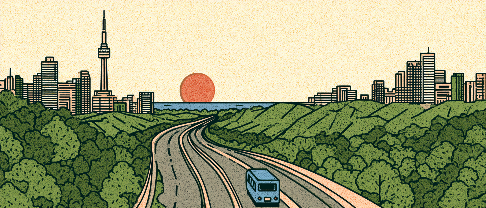 A 401 Transit mini-bus driving along a wooded highway toward the Toronto skyline at sunrise — flat illustration.